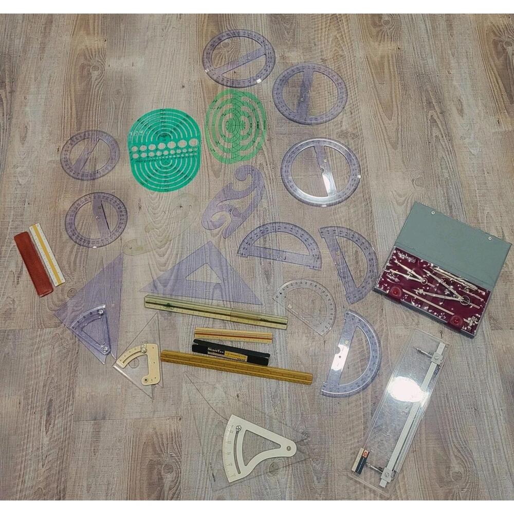 Vintage Pickett Tacro Stewart Drafting Tool Lot Protractors Compass Set